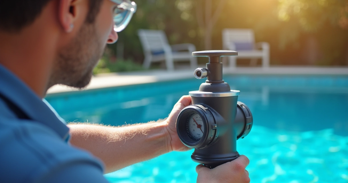 Technician installing salt water chlorinator in a backyard pool system 