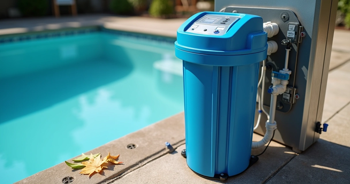 Closeup view of salt water chlorinator installed poolside near filter system 