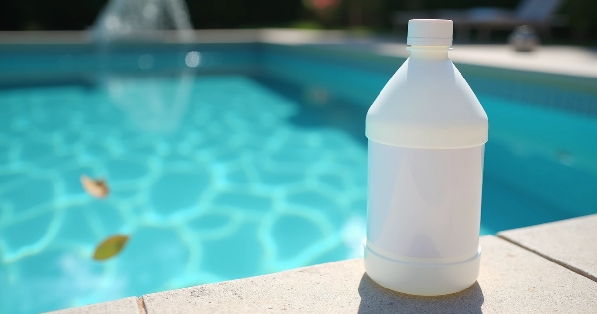 Poolside with chlorine jug and clear blue water 