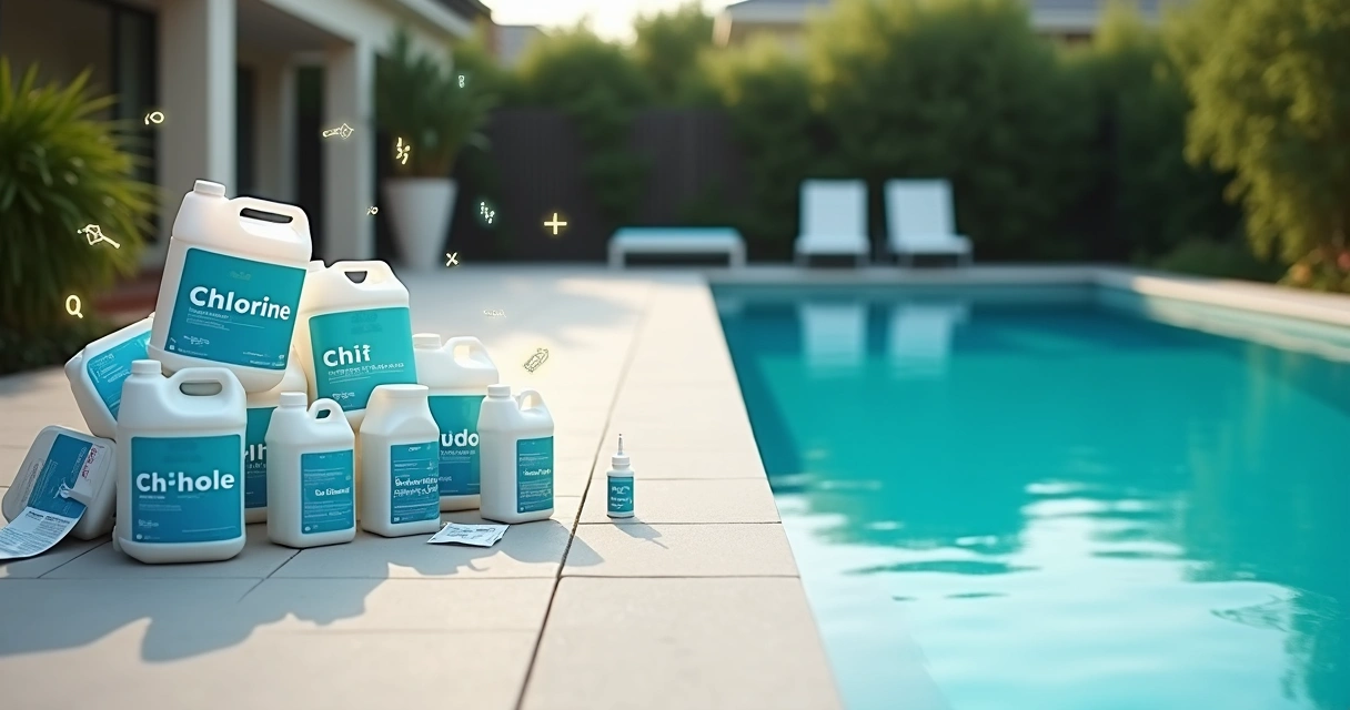 Two contrasting piles of pool chemical bottles beside a clear residential pool 
