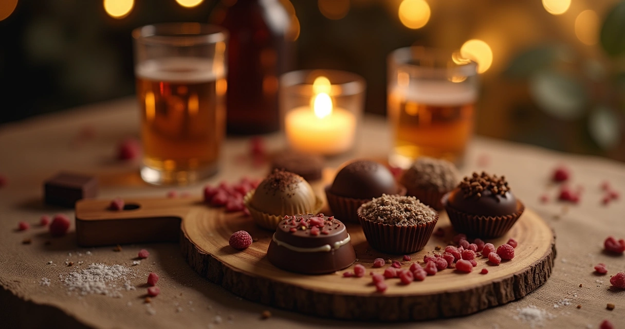 Chocolates afrodisíacos ao lado de dois pares de mãos se tocando 
