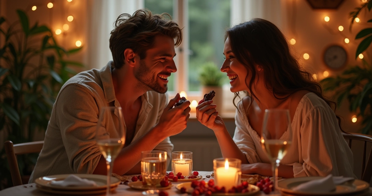 Casal sorrindo experimentando chocolate juntos em ambiente romântico 