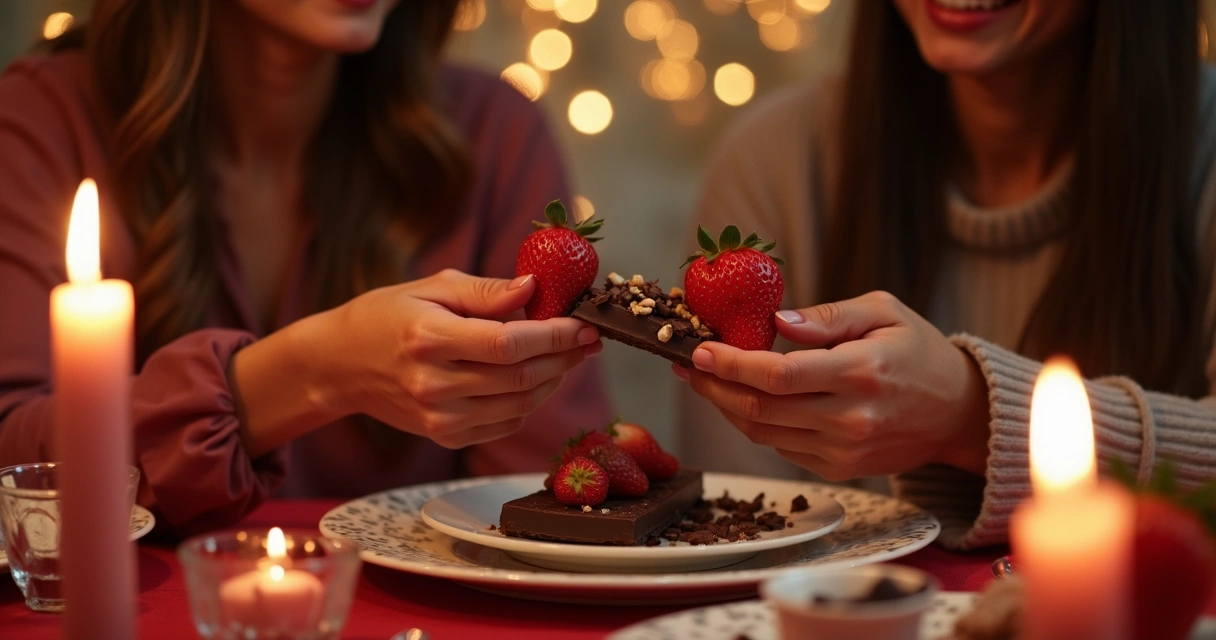 Casal apreciando chocolate com morangos em ambiente romântico 