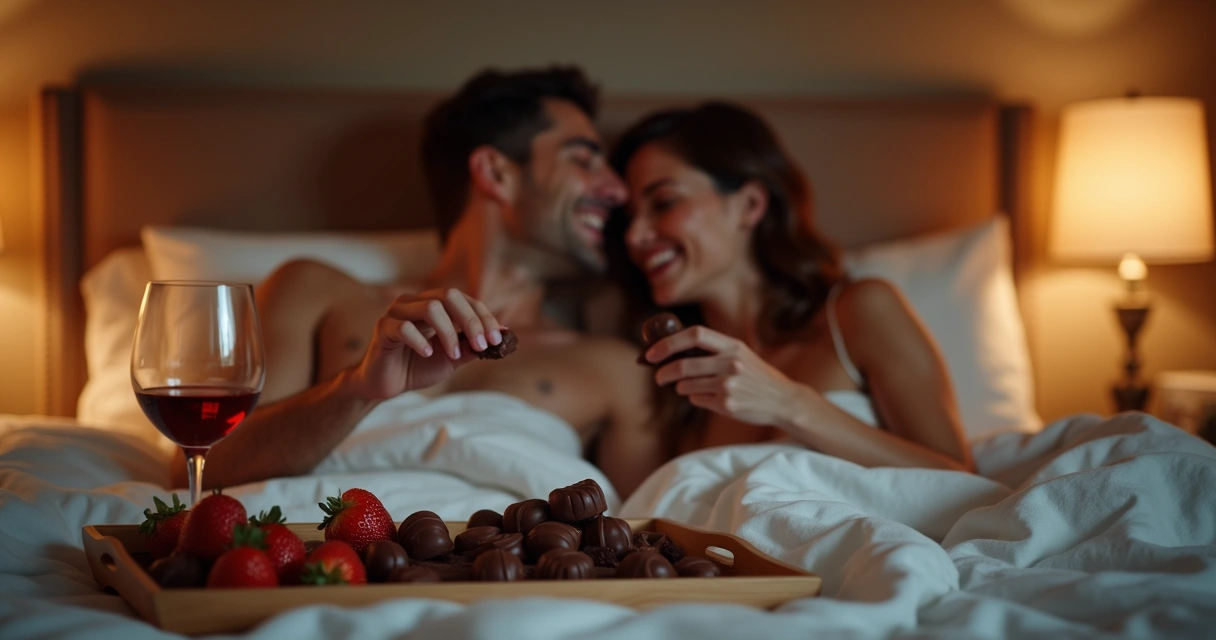 Casal saboreando chocolates juntos na cama 