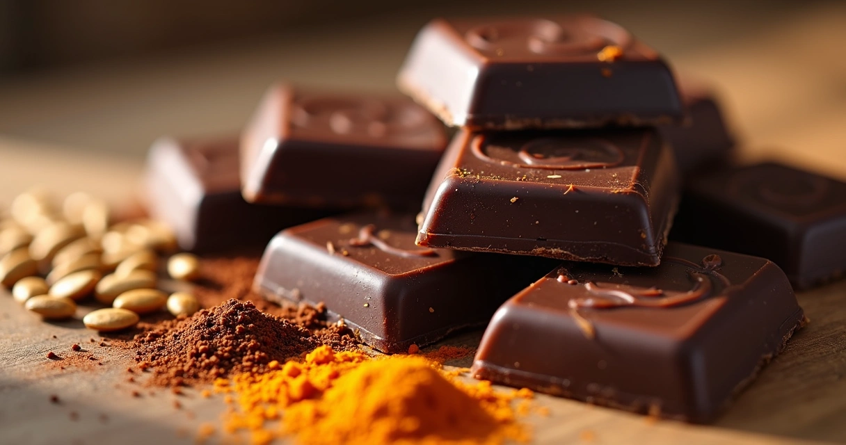 Peças de chocolate em uma mesa com ingredientes naturais. 