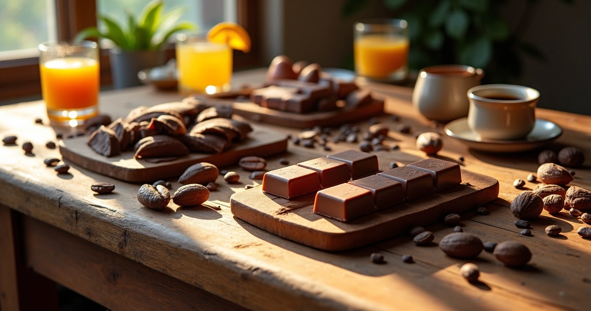 Chocolate artesanal em barra sendo servido em mesa rústica de fazenda 