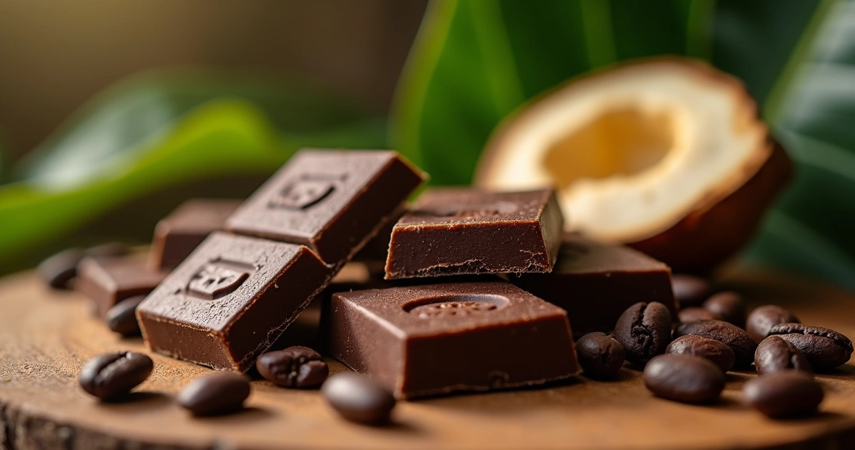Chocolate artesanal com frutos de cacau sobre mesa rústica 