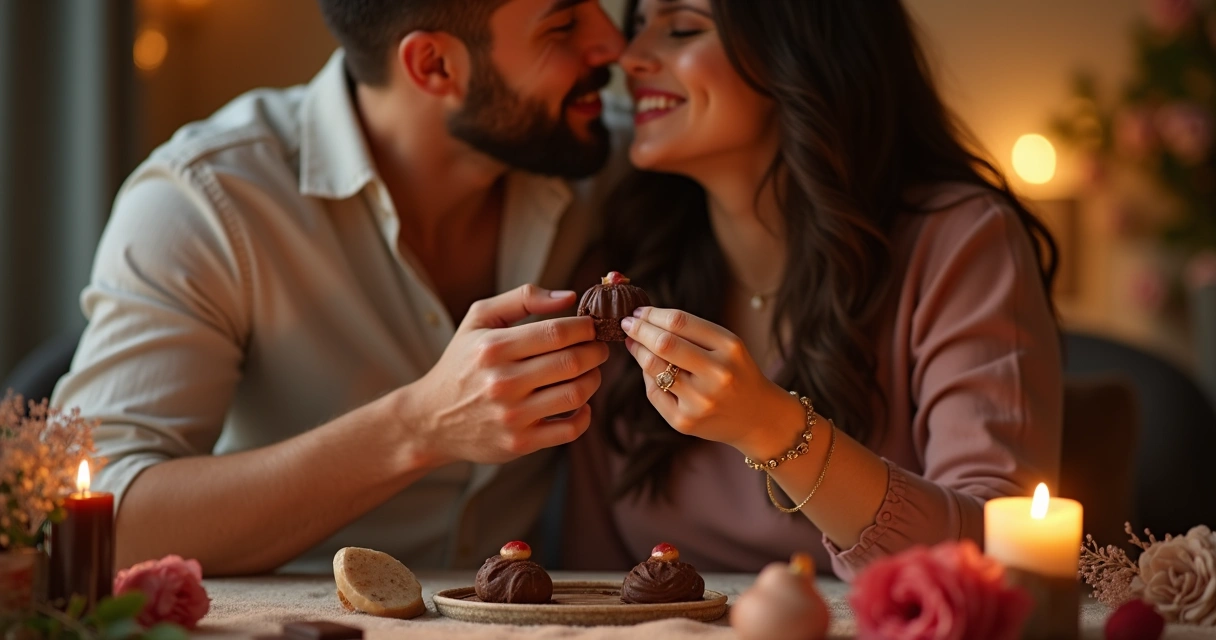 Casal sorridente compartilhando chocolates em ambiente intimista 