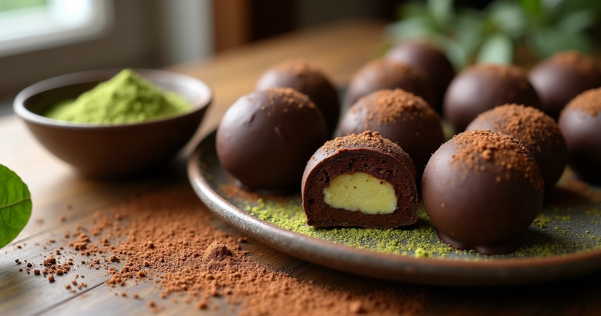 Bombons artesanais com pó de moringa sobre mesa de madeira 