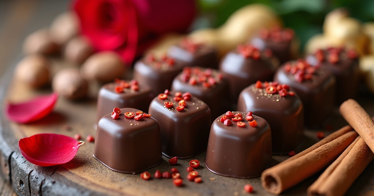 Chocolates com ingredientes naturais e pimentas lado a lado