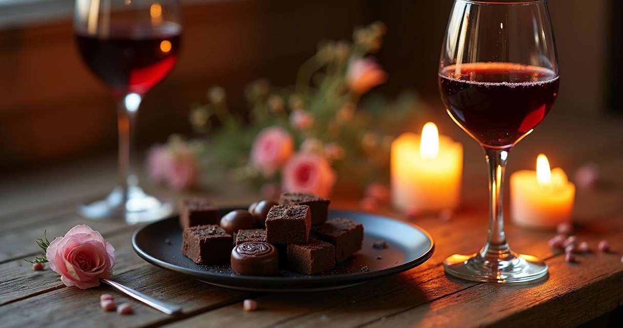 Mesa com chocolate, taças e velas 