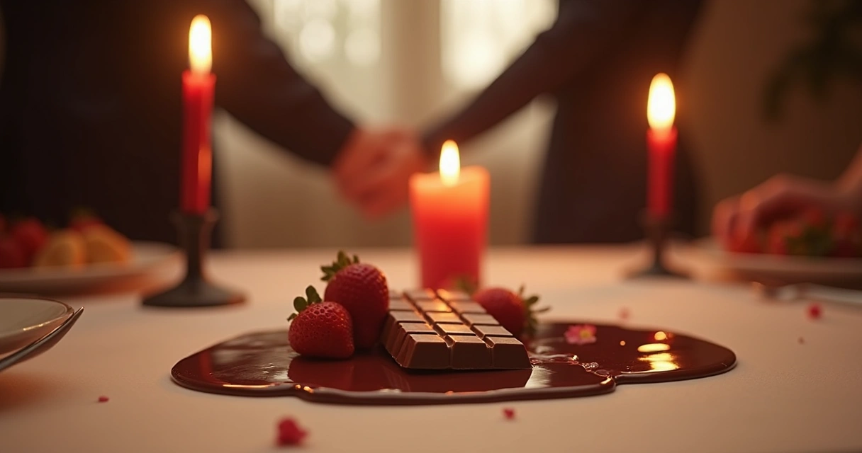 Tablete de chocolate parcialmente derretido ao lado de taças em um ambiente romântico 