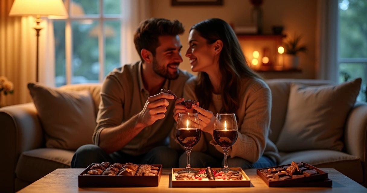 Casal sentado próximo em ambiente aconchegante saboreando chocolate juntos, sorrindo um para o outro 