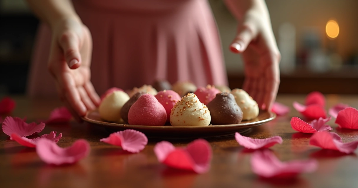 Chocolates em formato de coração e bombons coloridos sobre mesa com rosas vermelhas
