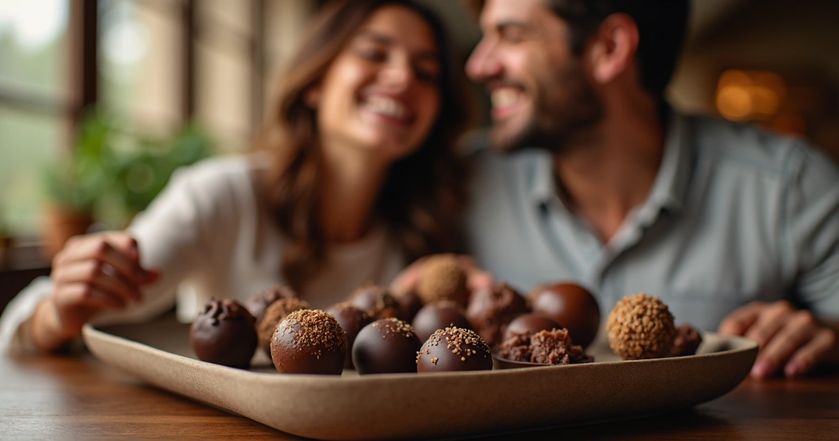 Chocolates afrodisíacos colocados em uma bandeja elegante com um casal rindo ao fundo 