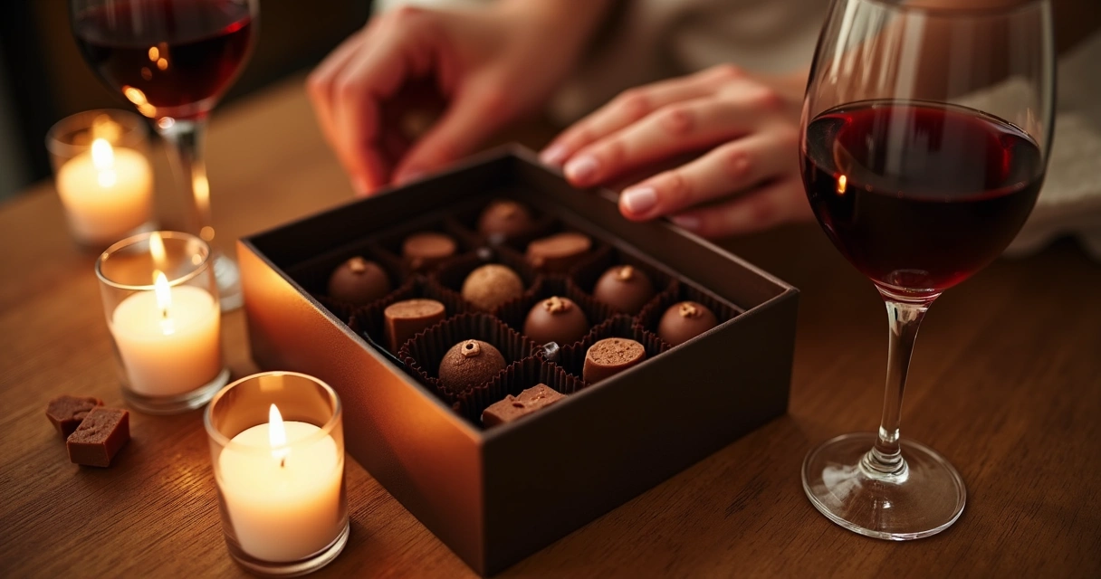 Chocolates afrodisíacos em caixa com dois copos de vinho e velas acesas
