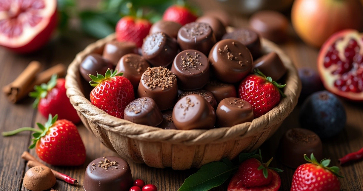 Cesta de chocolates artesanais afrodisíacos com frutos e especiarias