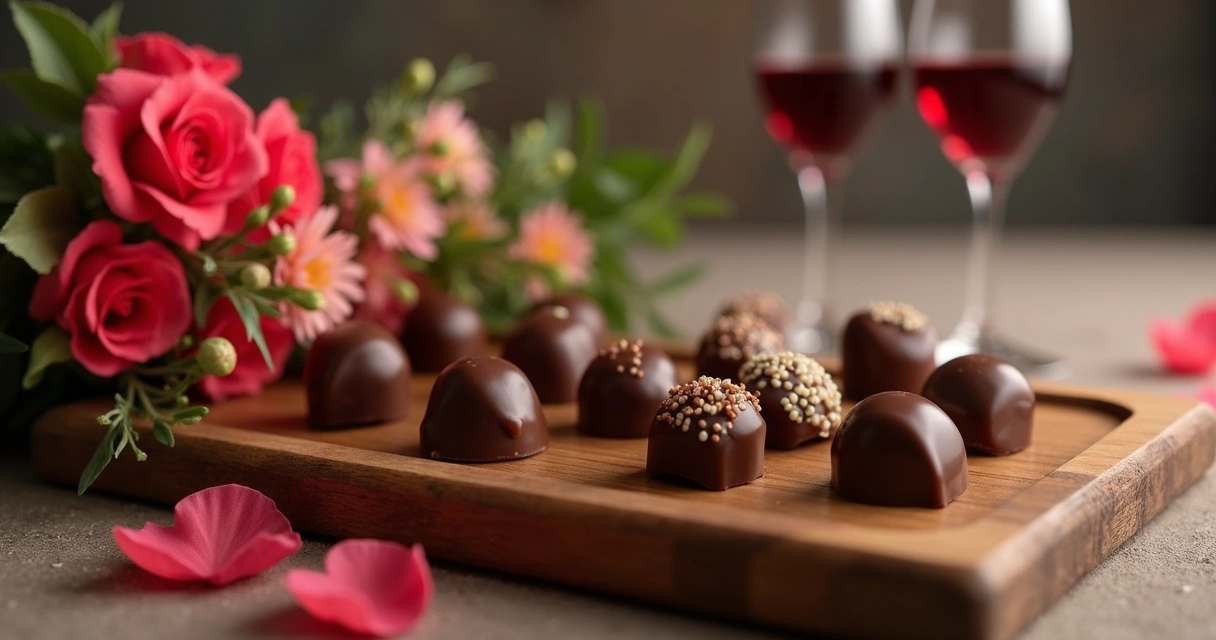 Chocolates artesanais com ingredientes naturais dispostos em uma bandeja com duas taças de vinho ao fundo