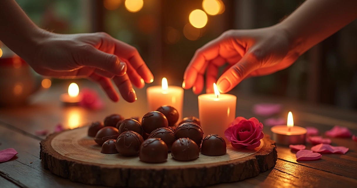 Chocolates artesanais e acessórios românticos dispostos sobre uma mesa 