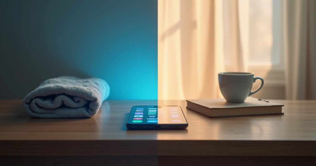 Phone on one side and calm breathing space on the other