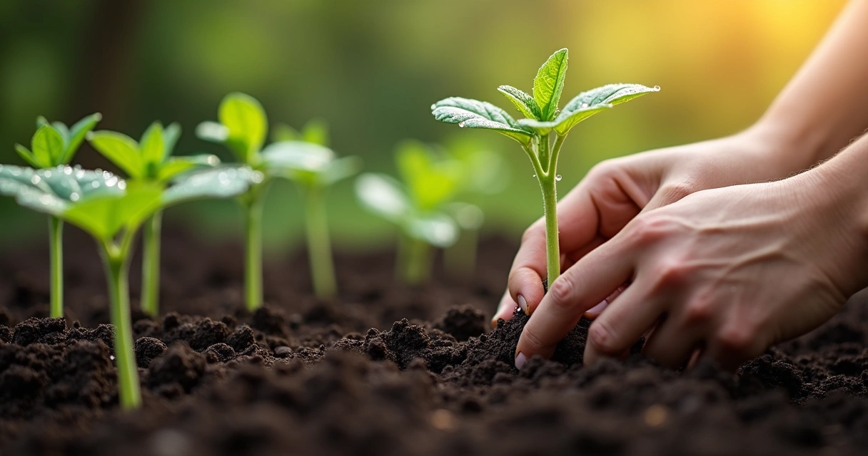 Hands planting a seedling in rich soil outdoors 