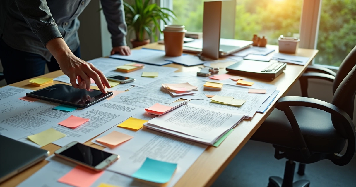Desk covered in papers and sticky notes representing too many choices 