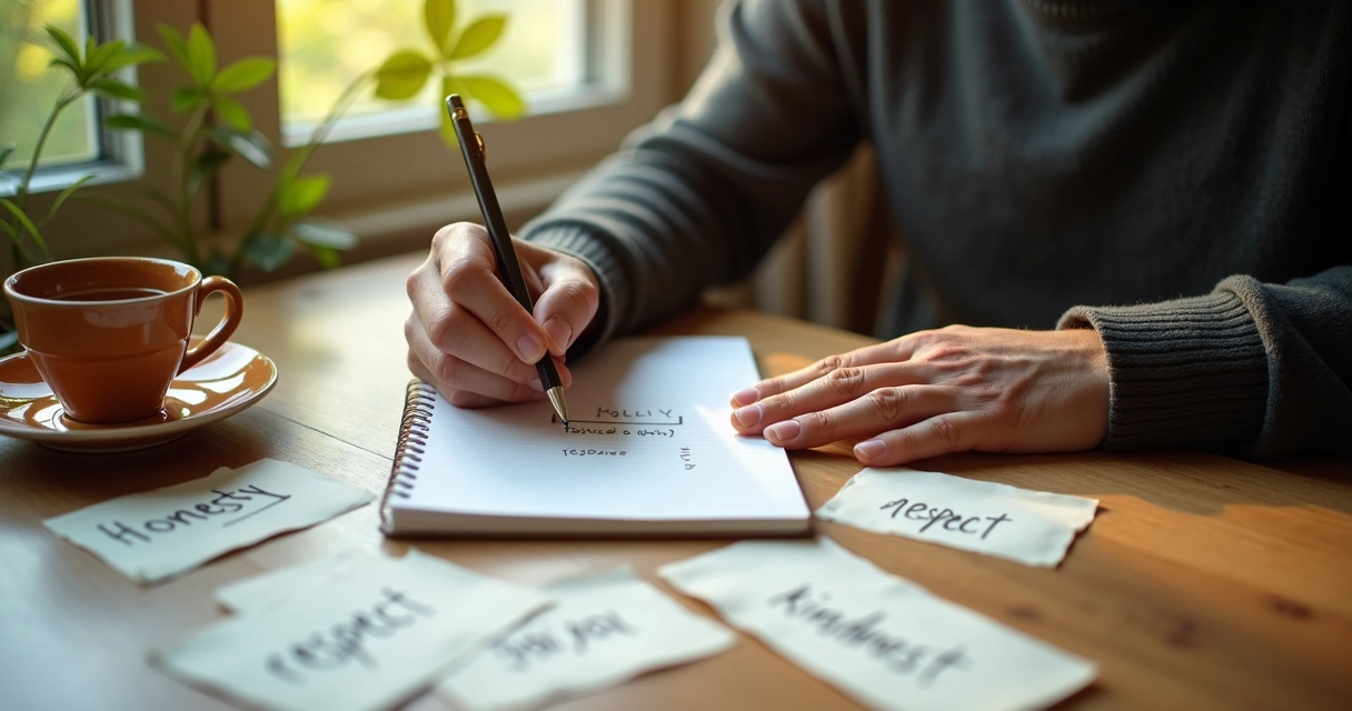 Person reflecting on choices at a table with notebook 