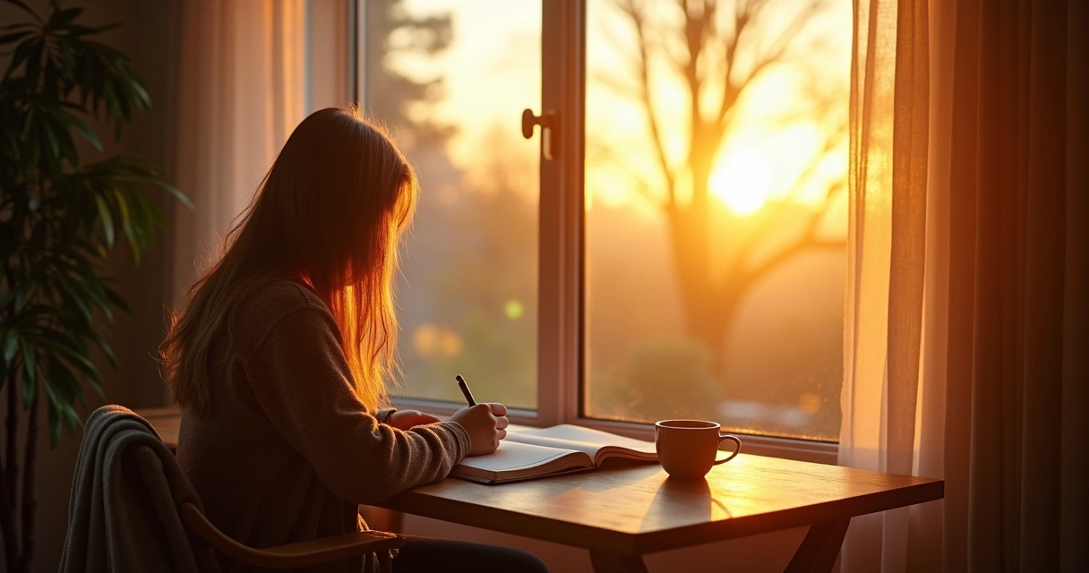 Person writing in a notebook with sunrise outside the window. 