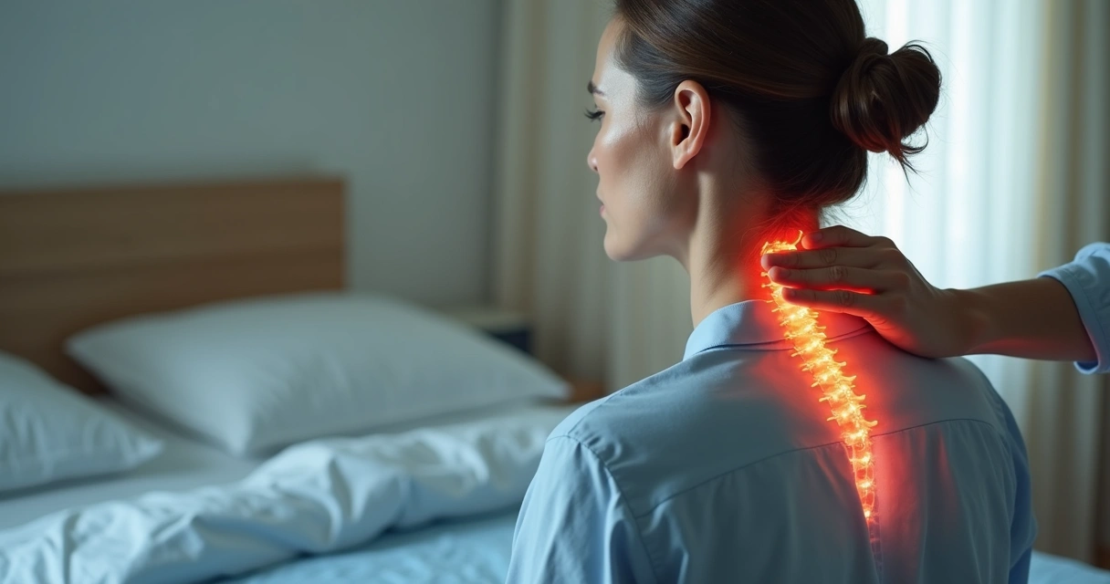 Pessoa sentada tocando o pescoço com destaque na coluna cervical 