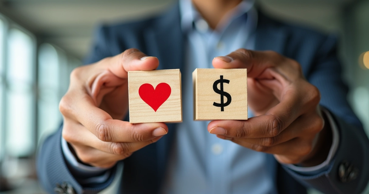 Duas mãos diferentes segurando blocos com símbolos opostos, fundo de escritório corporativo 