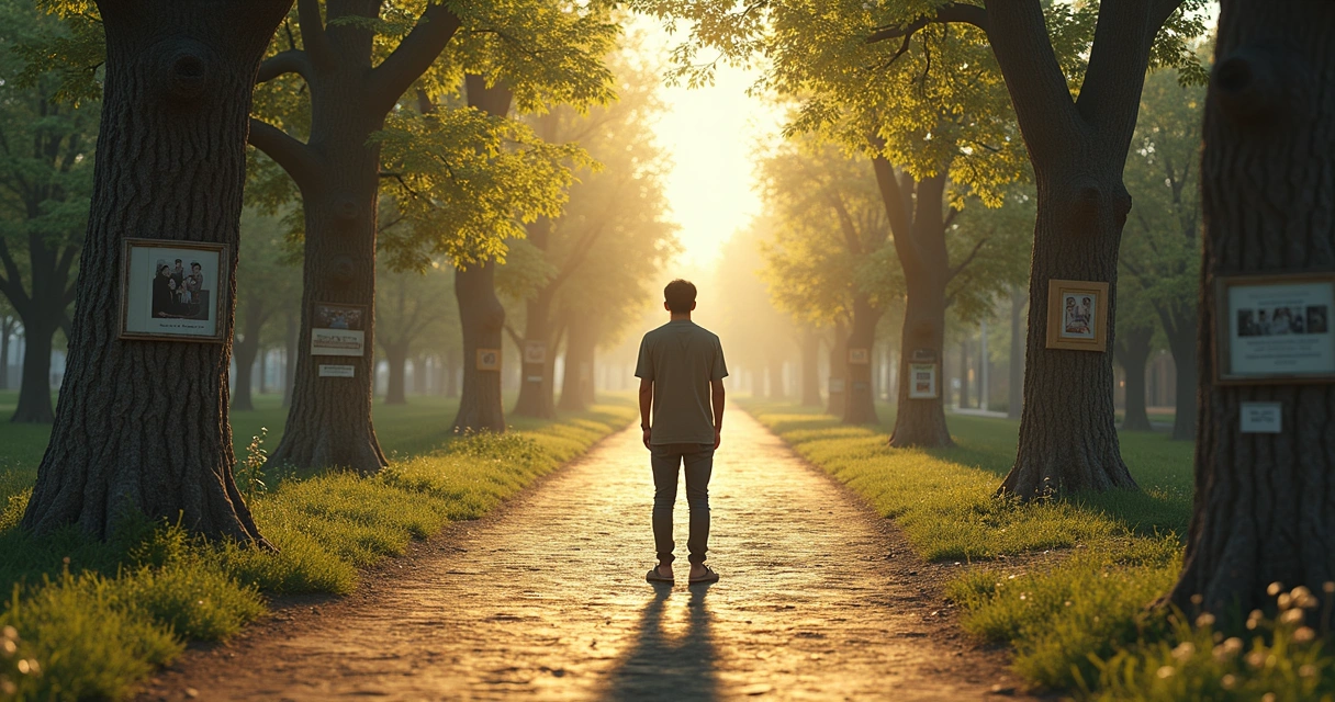Person walking a path splitting between old and new values, trees on one side, city on other 
