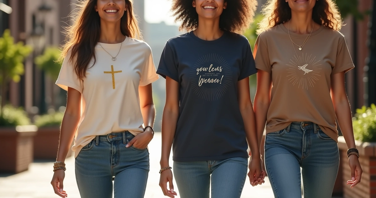 Young adults wearing christian themed t shirts walking in an urban street 