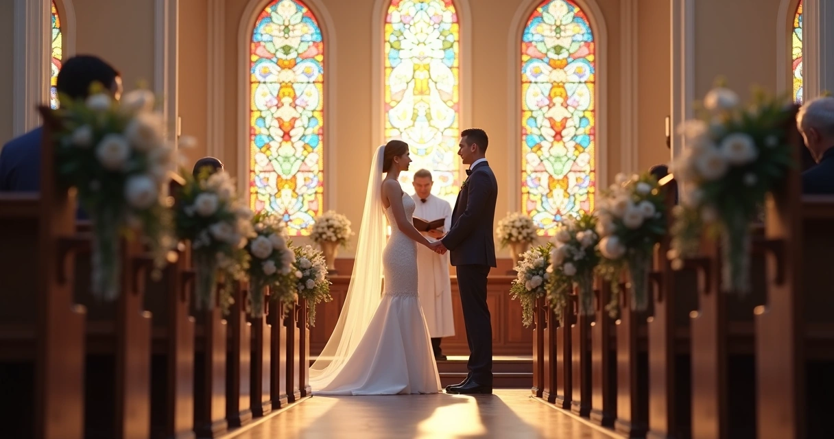 Bride and groom standing at the altar during a Christian wedding ceremony in a church with stained glass windows and floral decorations 