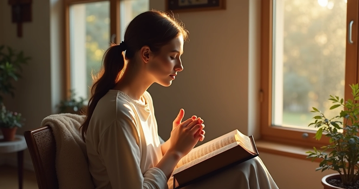 Woman in prayer sitting peacefully with Bible, natural light, soft warm tones, calm setting 