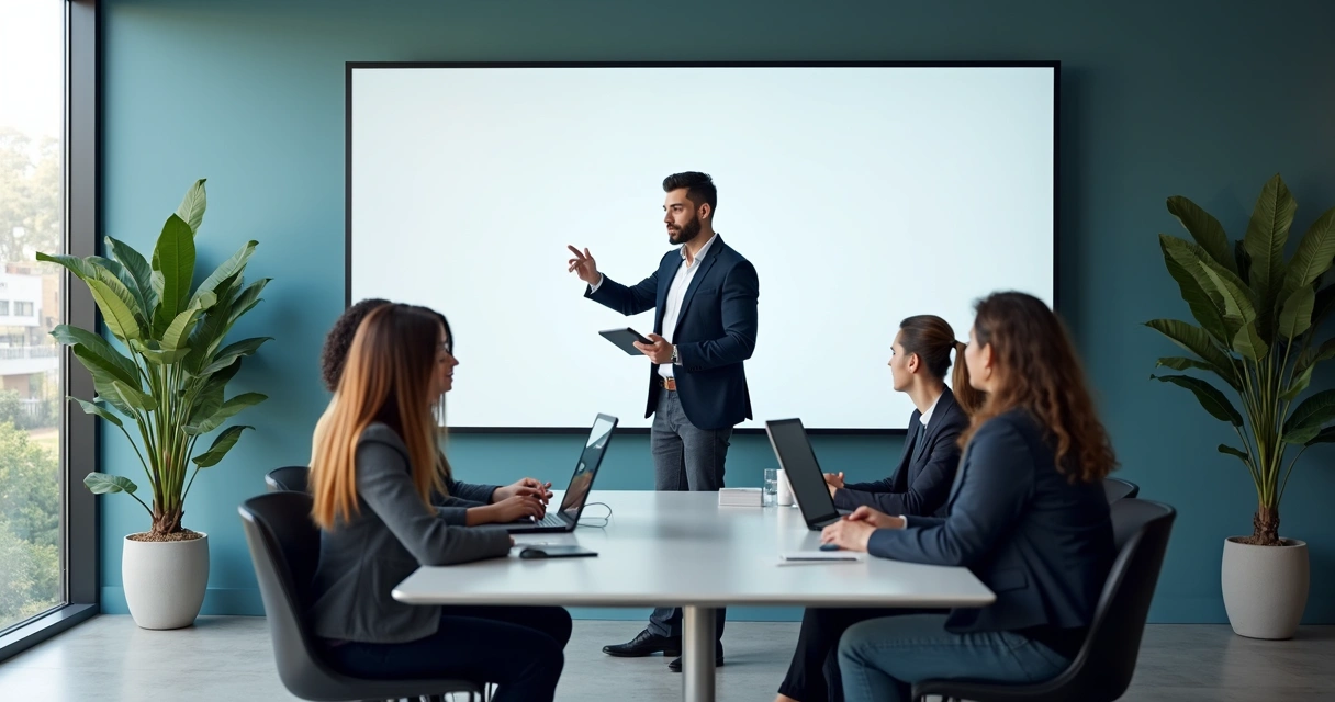 Equipe de startup de tecnologia reunida com consultor de RH