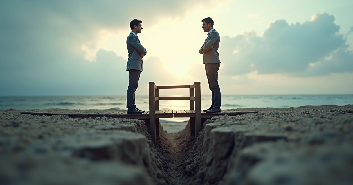 Two people separated by a crack in the ground with a balanced bridge between them 