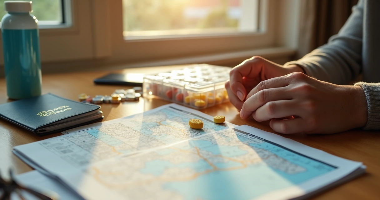 Person with medication and travel checklist at a home table. 