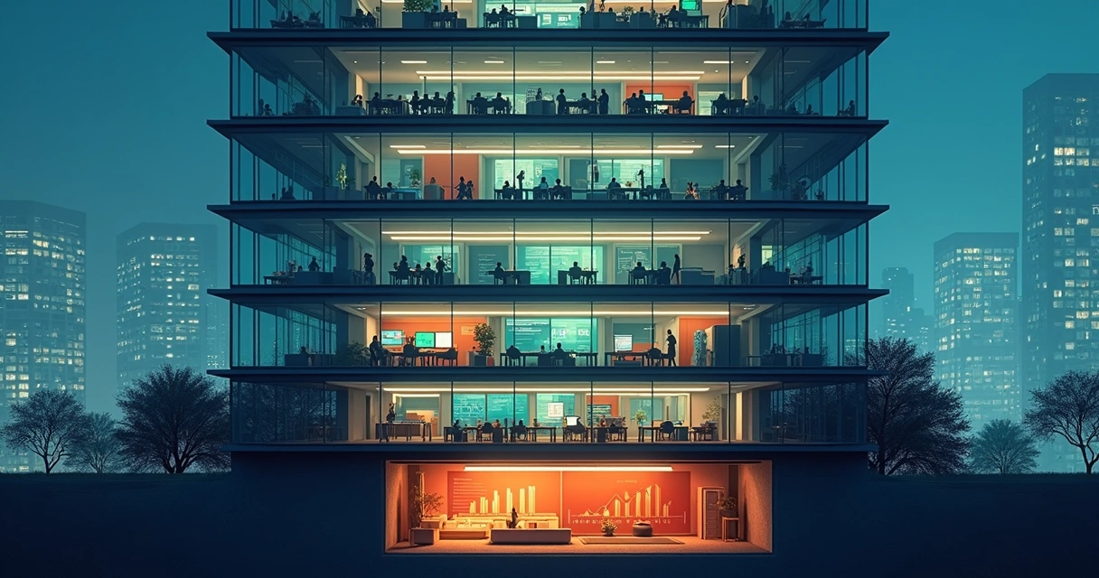 Vista em corte de um prédio corporativo mostrando clientes saindo no subsolo do churn 