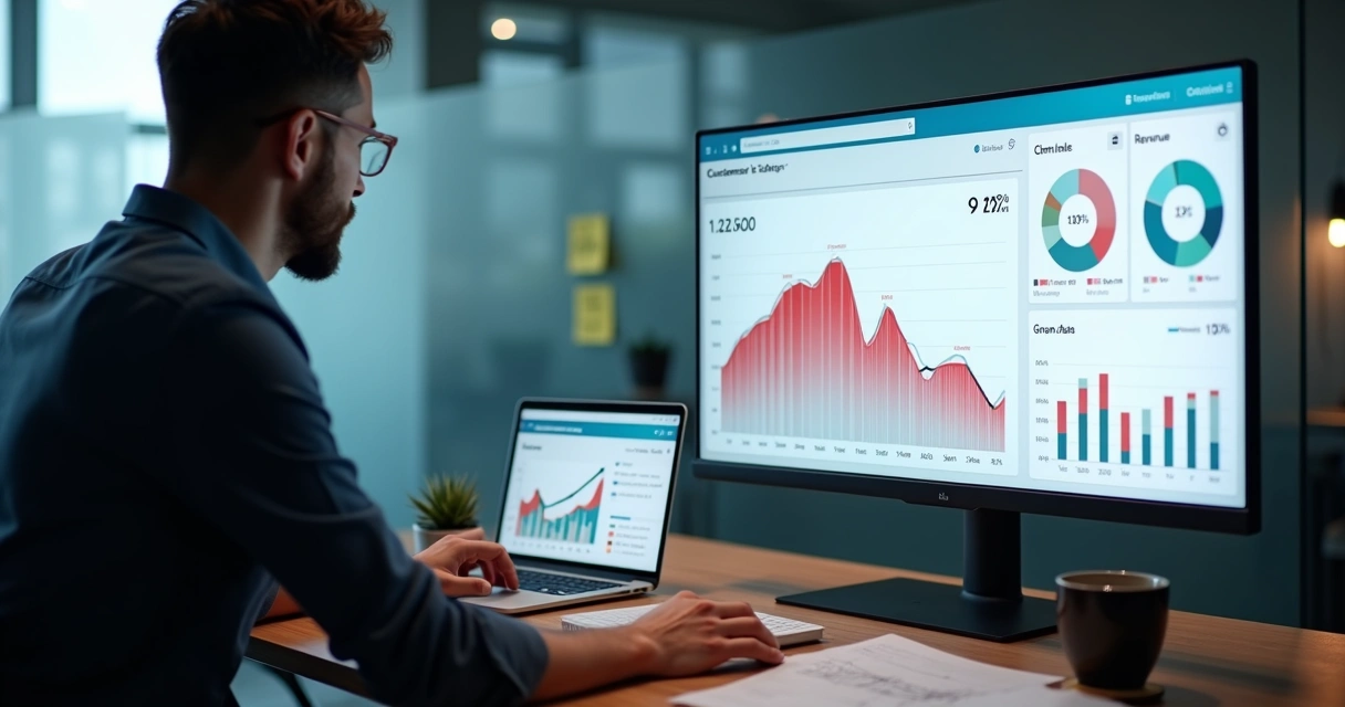 Gestor de ecommerce analisando gráficos de churn em tela com queda de clientes 