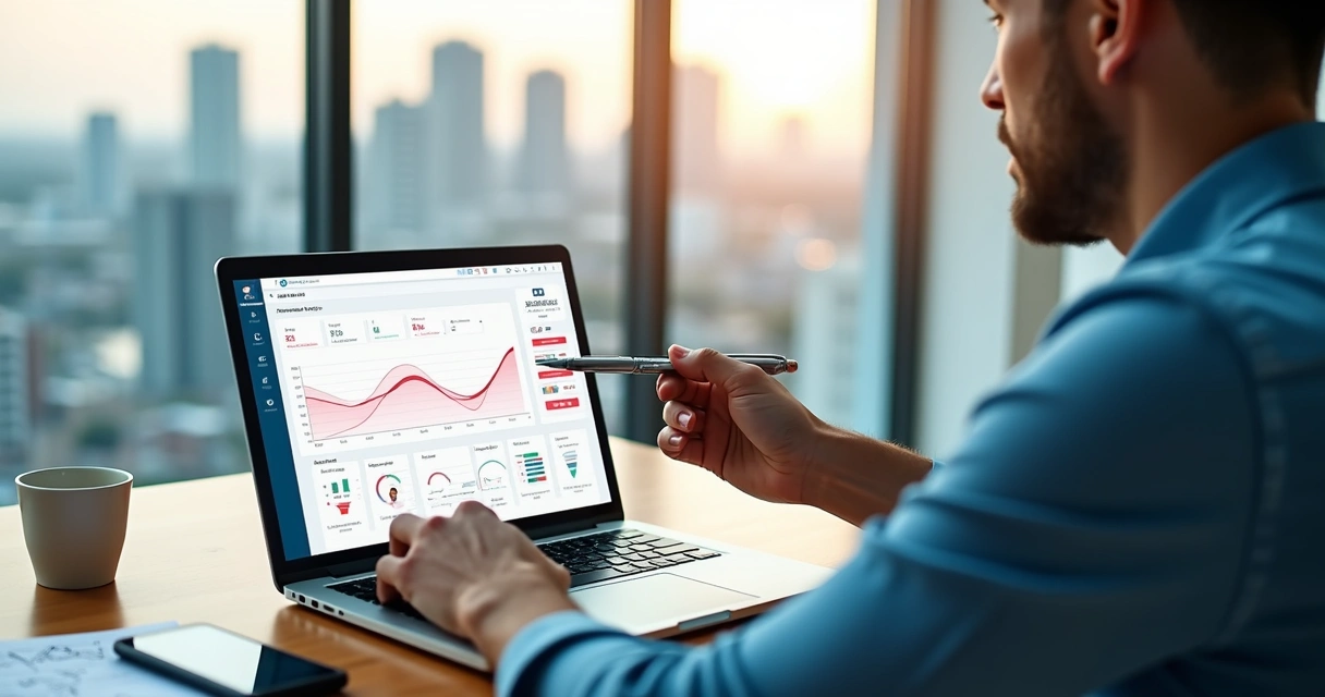 Gestor de e-commerce analisando painel de churn rate no notebook 