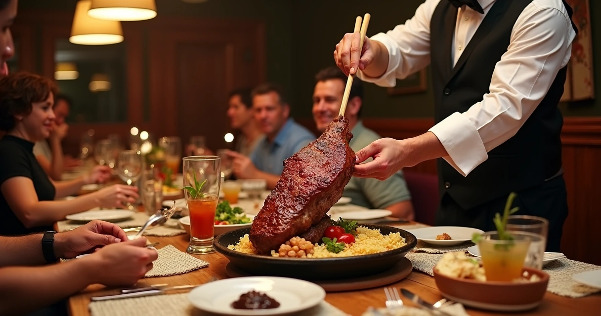Espeto de carne servido em churrascaria de rodízio em Orlando 