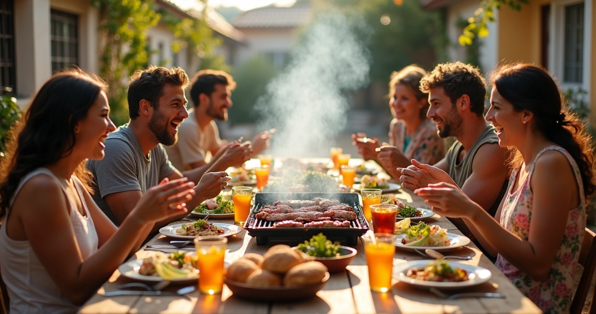 Churrasco argentino com carnes alternativas, família reunida em mesa simples 