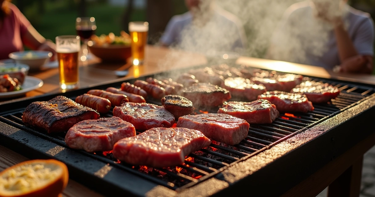 Grelha cheia de diferentes cortes de carne assando em churrasco ao ar livre 
