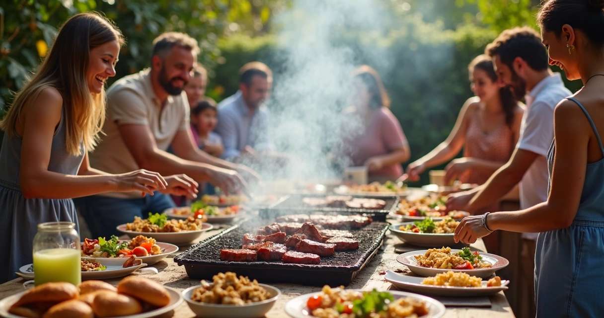 Churrasco em família ao ar livre com pessoas servindo carne e acompanhamentos 