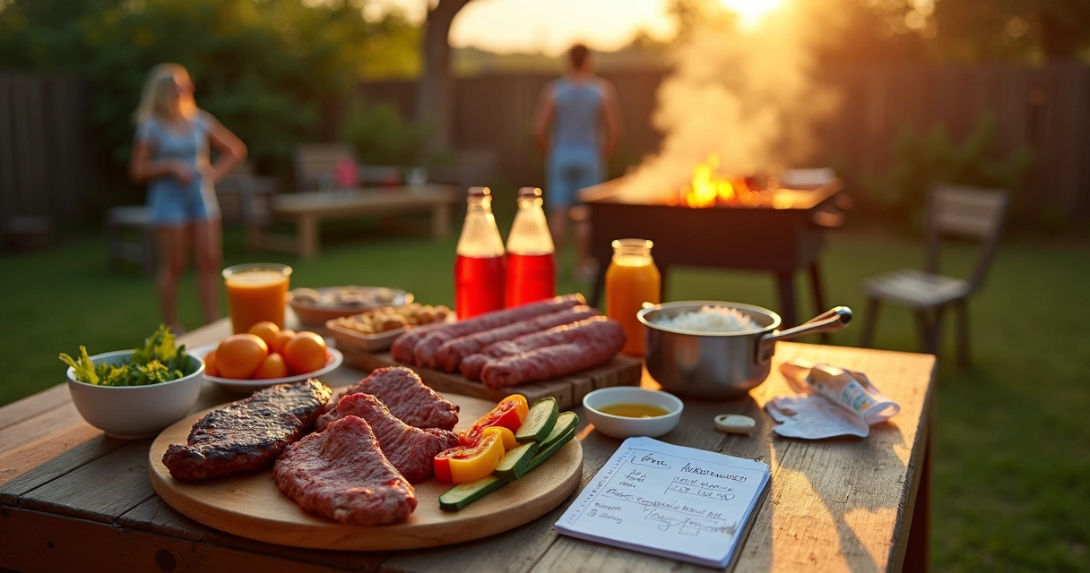 Churrasco simples no quintal com mesa de carnes e acompanhamentos econômicos 