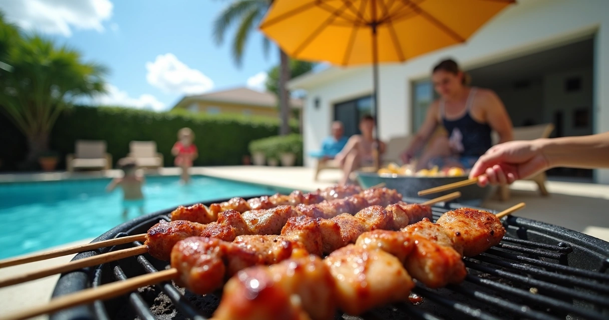 Churrasco ao lado da piscina em uma casa de temporada em Orlando