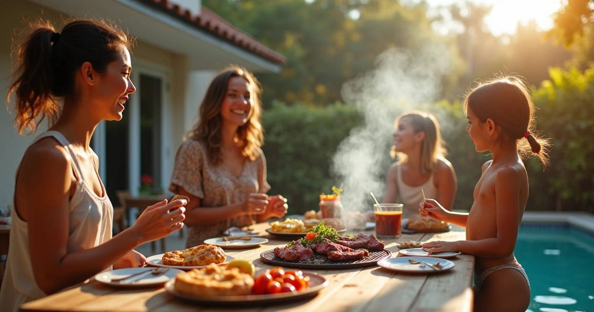 Churrasco em família na área externa com piscina 