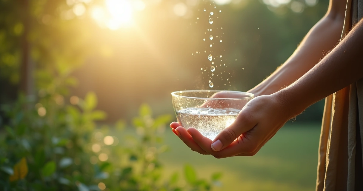 Pessoa segurando recipiente transparente coletando água da chuva em ambiente natural 