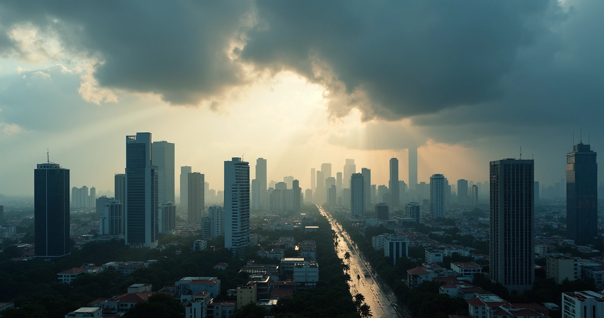 Nuvens carregadas e chuva sobre prédios altos do centro da cidade. 