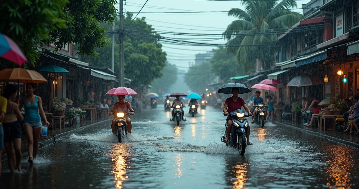 Chuva forte alagando rua em Bangkok